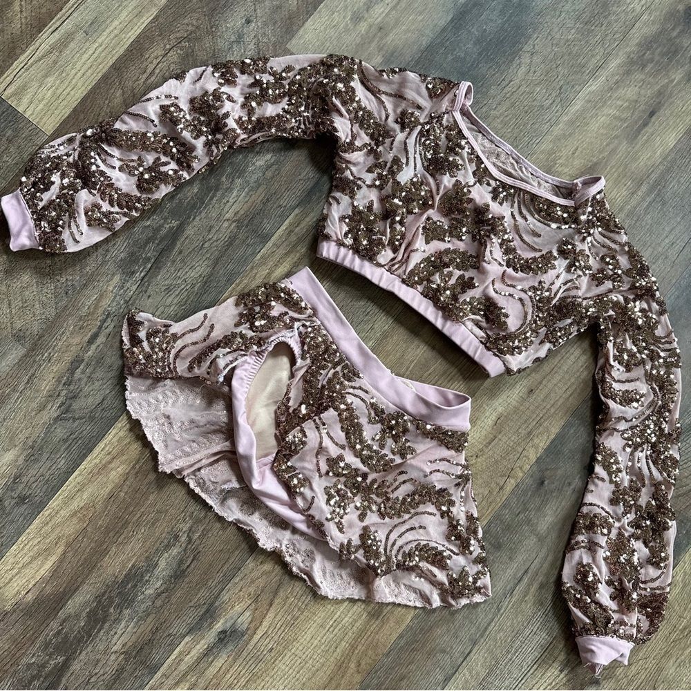 Reverence Pink Rose Gold Sequin 2 Piece Lyrical Contemporary Dance Costume S